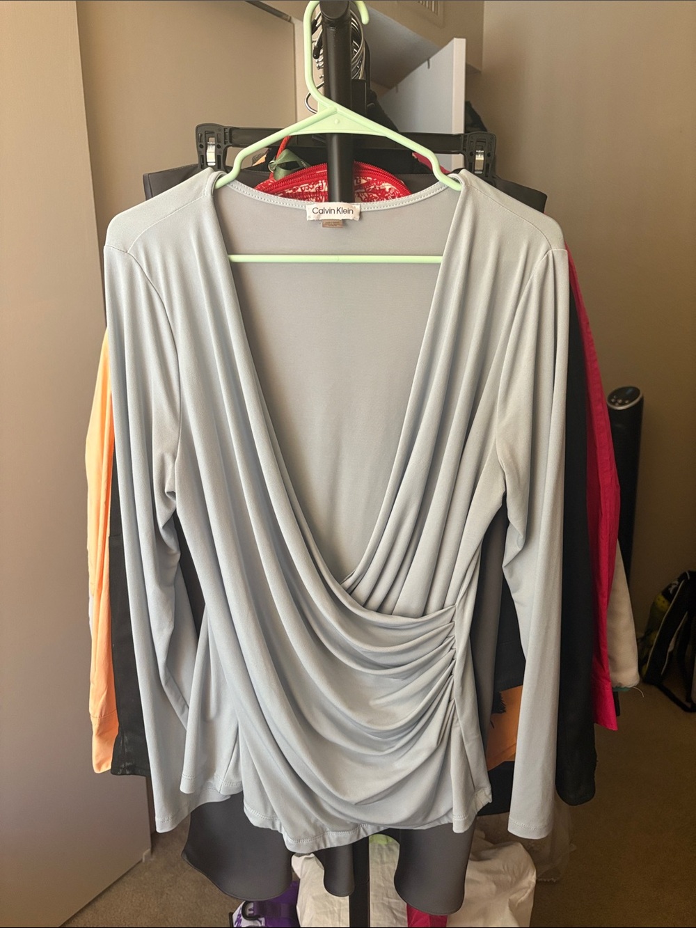 Calvin Klein light blue Draped V-Neck Long Sleeve Blouse